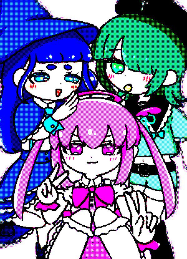   PICOPICOぱぺっとのメンバー、さとう、たなか、やまだが三人くっついたドットテイストのイラスト